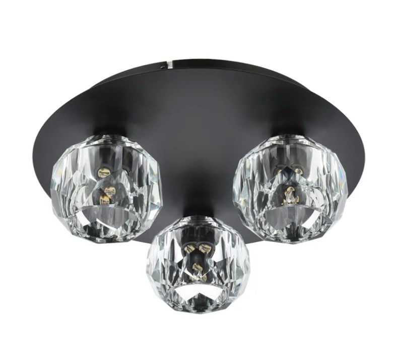 Black Crystal 3-Light Graham Flush Mount Chandelier 12 inch: Black Crystal 3-Light Graham Flush Mount Chandelier 12 inch This modern flush mount chandelier features a sleek black iron frame with clear crystal glass shades, designed to provide elegant illuminati