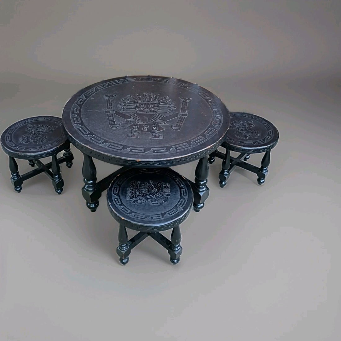 Andean Modern wood and leather table set in style of Angel Pazmino: Andean Modern wood and leather table set in style of Angel Pazmino Rare Andean Modern boho low coffee table set in the style of Angel Pazmino, featuring a walnut tabletop with wood and leather constru