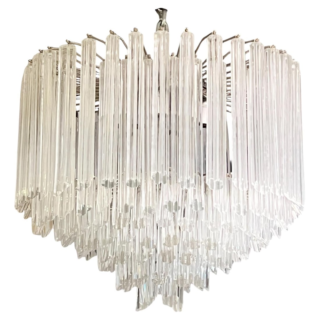 Italian Murano Glass Pendant Chandelier with Hexahedron Prisms c1980: Italian Murano Glass Pendant Chandelier with Hexahedron Prisms c1980 This vintage Italian Murano glass chandelier is crafted in a circular design and features over 150 rare Murano crystal glass hexahe