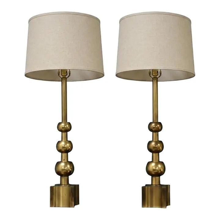 Pair of Stiffel Brass Table Lamps 40 Tall Vintage: Pair of Stiffel Brass Table Lamps 40 Tall Vintage Pair of 1970s brass table lamps by Stiffel with a mid-century vintage look. Height is measured to the top of the finial. Shades are not included. Pre-