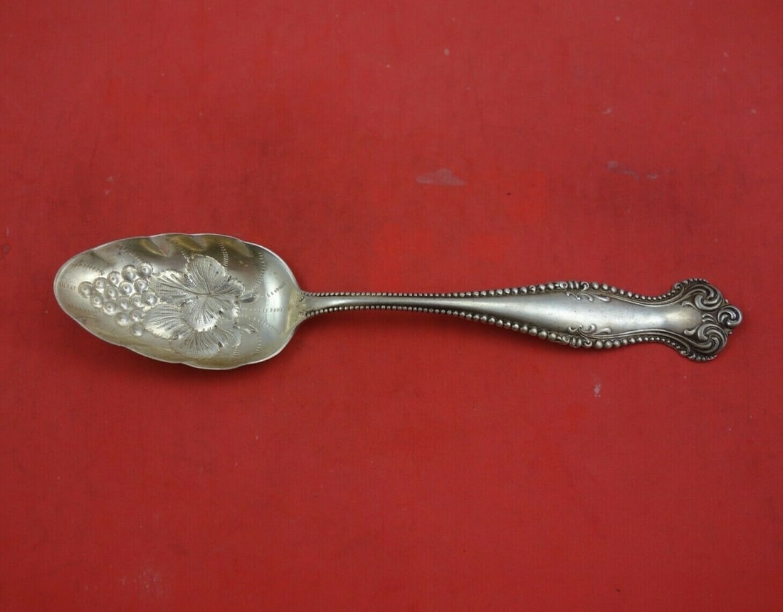 Towle Canterbury Sterling Silver Berry Spoon 8 Inch Grapes Design: Towle Canterbury Sterling Silver Berry Spoon 8 Inch Grapes Design This elegant Canterbury by Towle serving spoon is crafted from sterling silver, showcasing a beautifully detailed grape design in the 