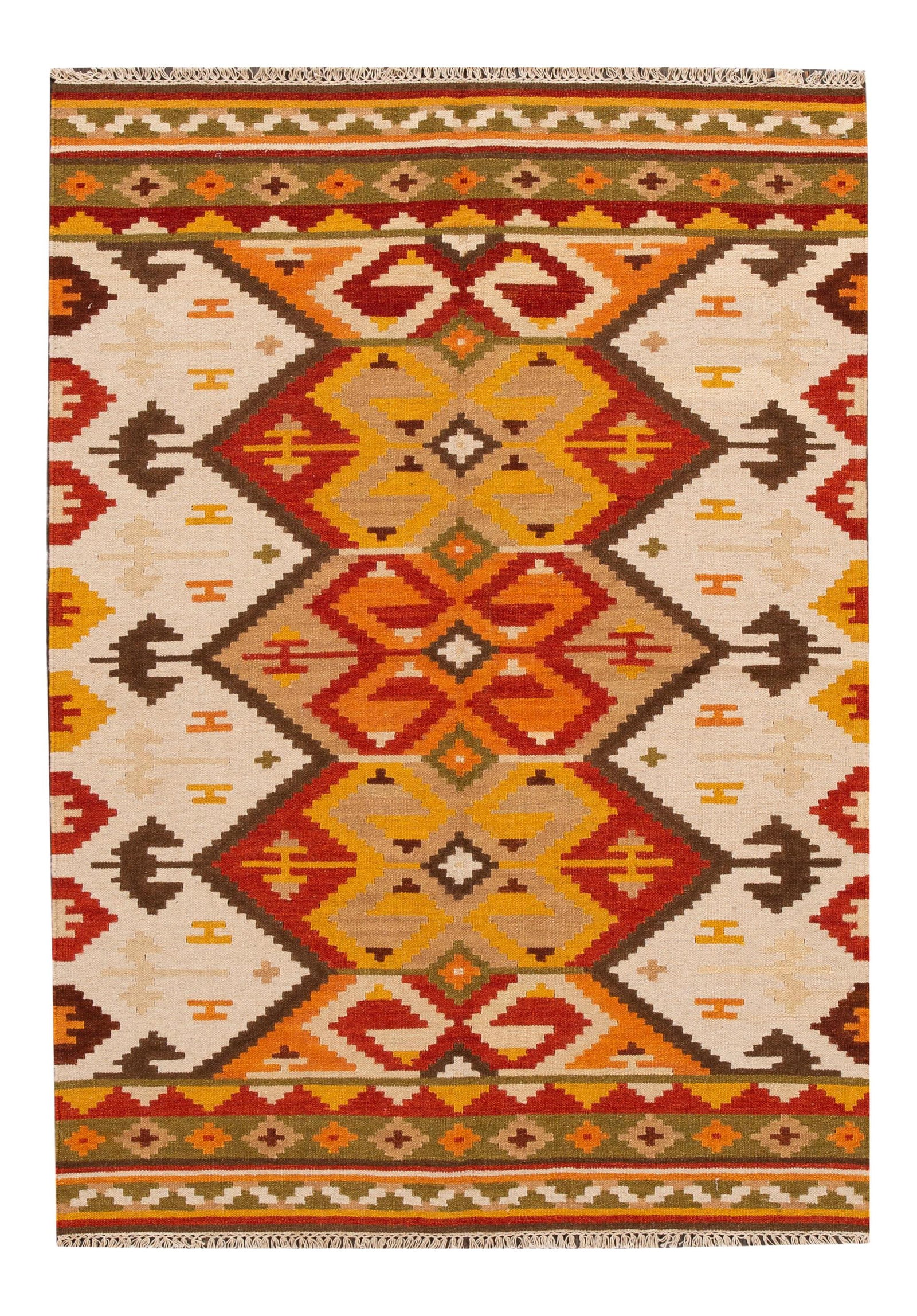 Hand-Woven Modern Kilim Rug Tan 4'9 x 6'7 Multi-Color Geometric: Hand-Woven Modern Kilim Rug Tan 4'9 x 6'7 Multi-Color Geometric Enhance your living space with this stunning hand-woven modern Kilim rug. Featuring a warm tan field adorned with vibrant multi-color ac