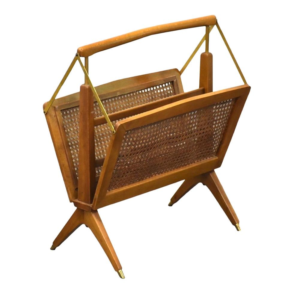 Rare Cesare Lacca Italian Mid-Century Modern Magazine Rack: Rare Cesare Lacca Italian Mid-Century Modern Magazine Rack Discover this rare folding Italian mid-century modern magazine rack designed by Cesare Lacca. This elegant piece features cane sides compleme