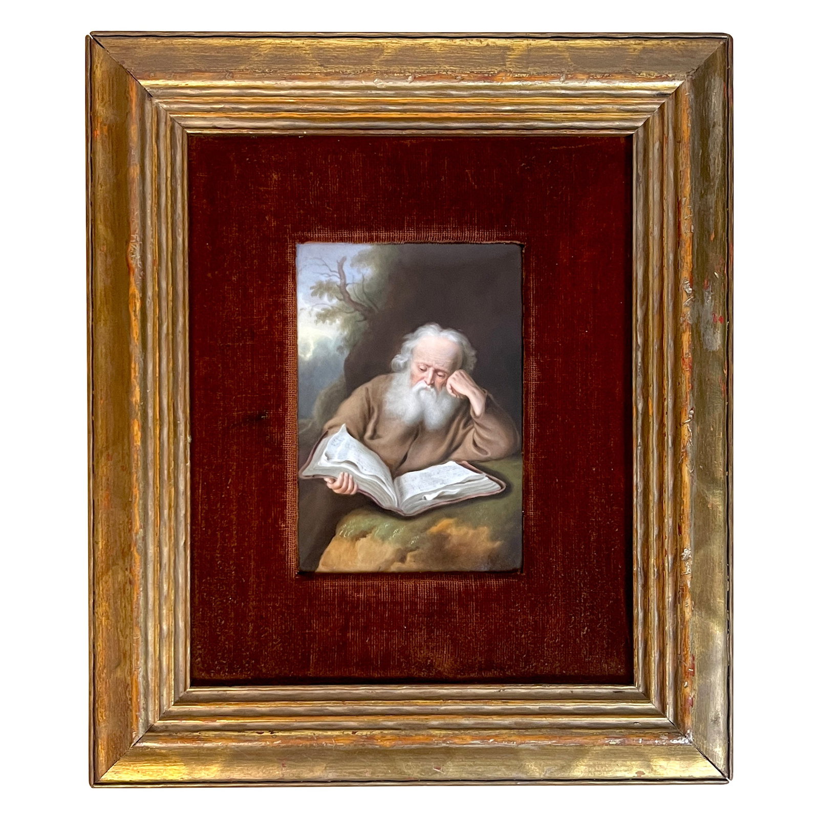 Hutschenreuther Old Master Porcelain Painting of St. Jerome 1890s: Hutschenreuther Old Master Porcelain Painting of St. Jerome 1890s This exquisite Old Master painting on porcelain depicts Saint Jerome, inspired by the masterwork of Dutch artist Einsiedler von S. Kon