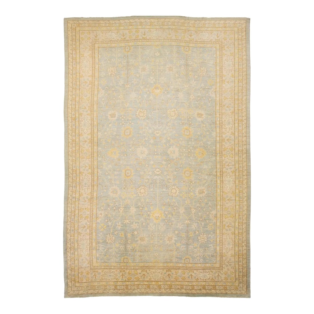 15x23 Hand Knotted Wool Oushak Style Rug Light Blue Goldenrod: 15x23 Hand Knotted Wool Oushak Style Rug Light Blue Goldenrod Modern transitional Oushak style rug hand-knotted from wool, featuring a light blue field with goldenrod and ivory botanical motifs. Inspi