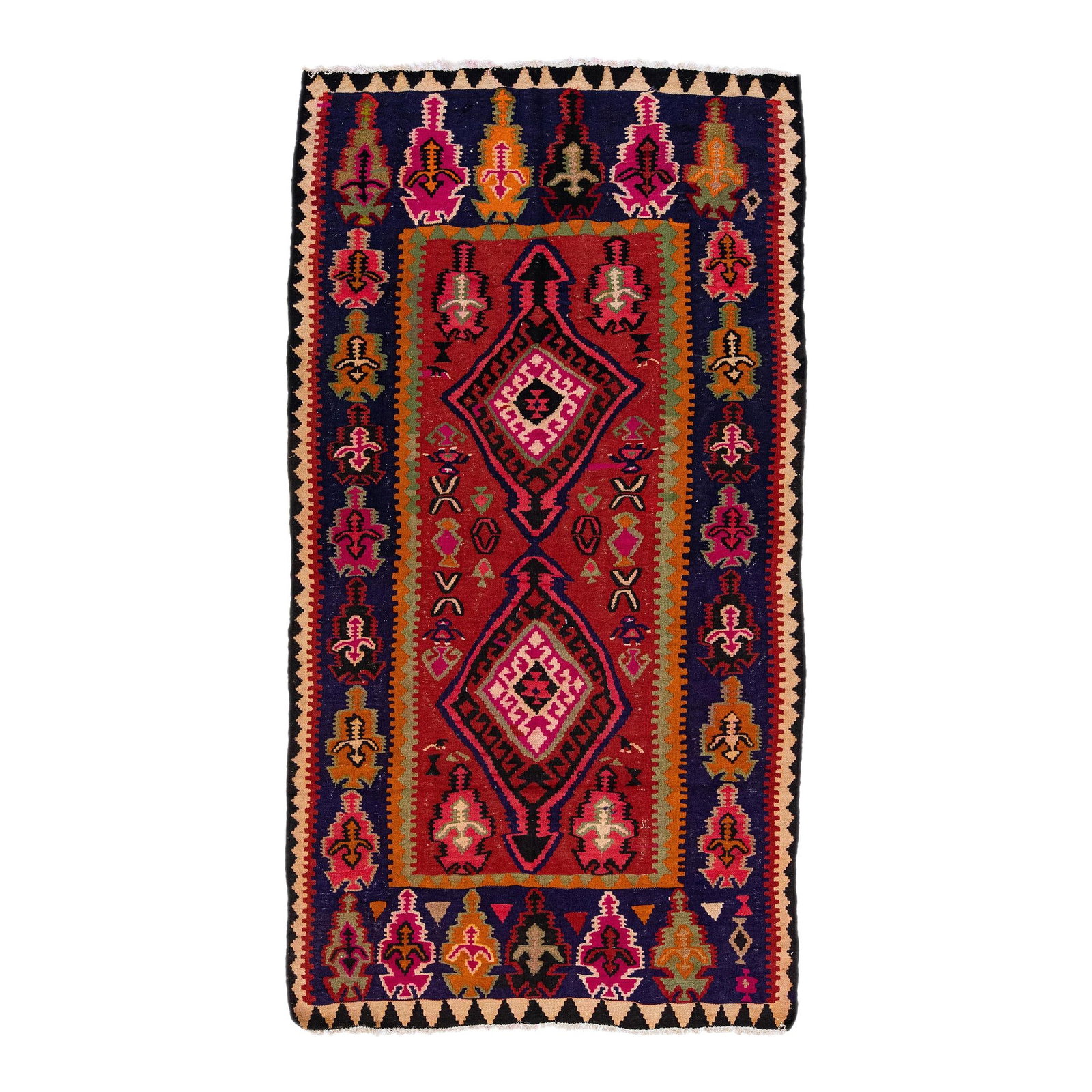 Vintage Turkish Kilim Handmade Wool Rug Red Tribal Design 5'1" x 9'5": Vintage Turkish Kilim Handmade Wool Rug Red Tribal Design 5'1" x 9'5" This stunning vintage Turkish Kilim rug showcases a vibrant red field adorned with a navy blue frame and multicolor accents, all i