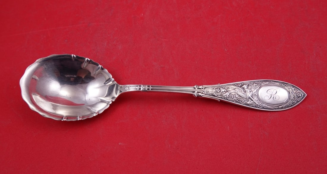 Whiting Arabesque Sterling Silver Serving Berry Spoon 8": Whiting Arabesque Sterling Silver Serving Berry Spoon 8" Whiting Arabesque sterling silver berry spoon with an 8-inch length. This serving spoon is monogrammed, with monograms varying, and is in excel