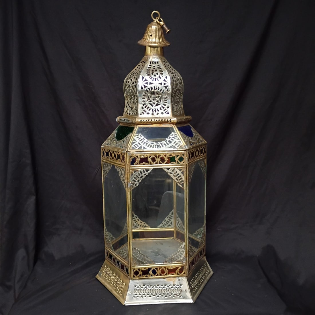 Moroccan antique pendant lantern silvered brass with colored glass 32 x 15 (1 of 11)