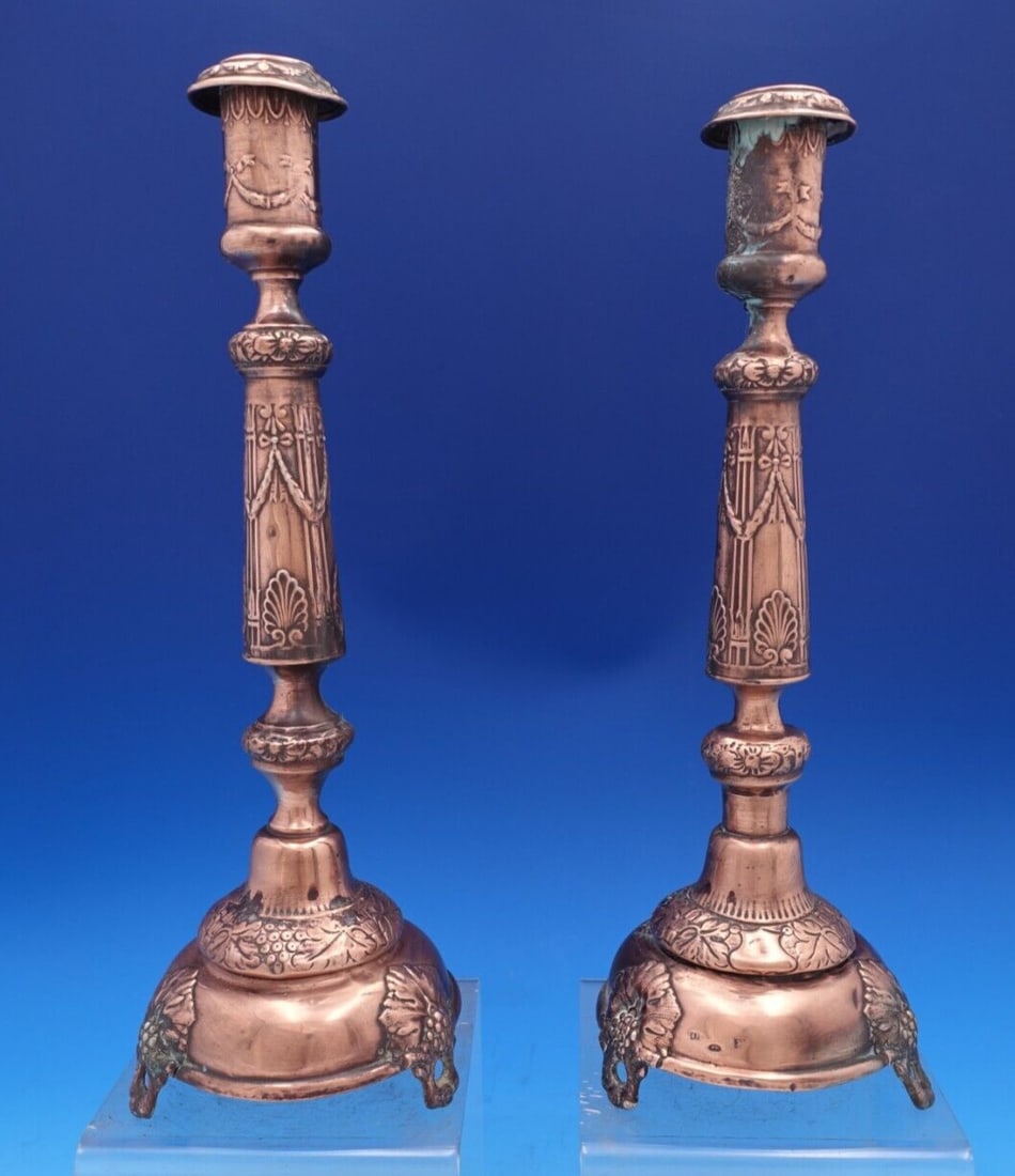 Elegant Russian Silver Candlestick Pair 1890 with Swags and Ribbons: Elegant Russian Silver Candlestick Pair 1890 with Swags and Ribbons This exquisite pair of Russian silver candlesticks showcases elegant swags and ribbons, crafted circa 1890. Standing at 13 inches ta
