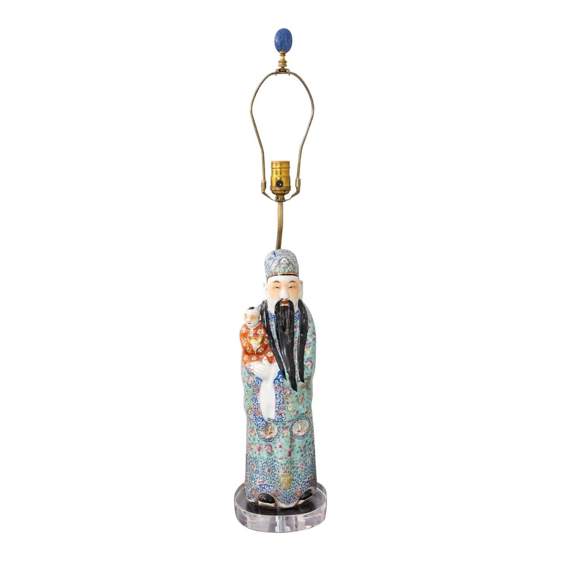 Vintage Chinese Porcelain Immortal Figural Table Lamp 33.5" Tall: Vintage Chinese Porcelain Immortal Figural Table Lamp 33.5" Tall Illuminate your space with this exquisite Vintage Chinese Polychrome Porcelain Immortal Figural Table Lamp. Crafted approximately 60 ye