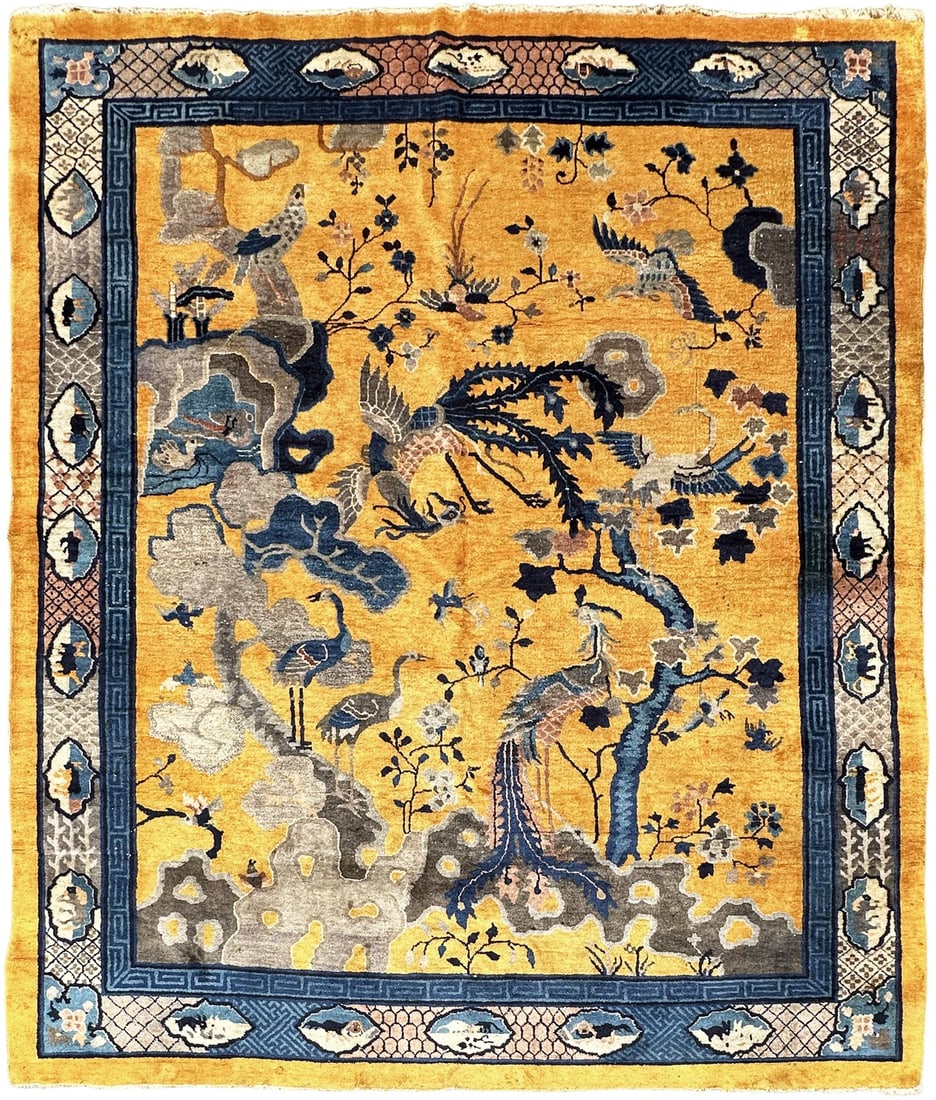 1920 Chinese Art Deco Wool Rug Bird and Floral Yellow 8 x 10: 1920 Chinese Art Deco Wool Rug Bird and Floral Yellow 8 x 10 Handmade antique Chinese Art Deco rug with a bird and floral design and a vibrant yellow field accented by blue and ivory tones. This hand-