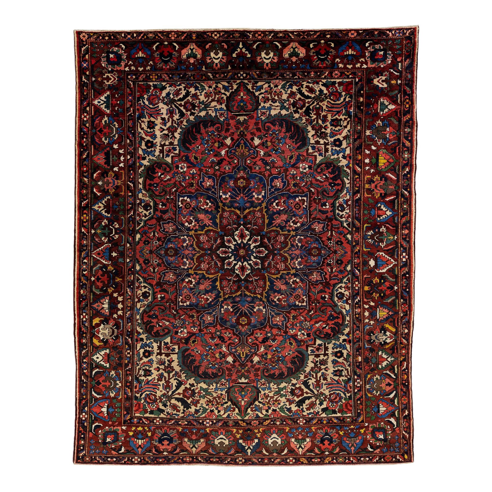 Antique Bakhtiari Persian Red Wool Rug 10'9 x 13'9 Multicolor Rosette: Antique Bakhtiari Persian Red Wool Rug 10'9 x 13'9 Multicolor Rosette This exquisite Antique Bakhtiari rug showcases a vibrant red field beautifully adorned with a classic multicolor rosette design. H