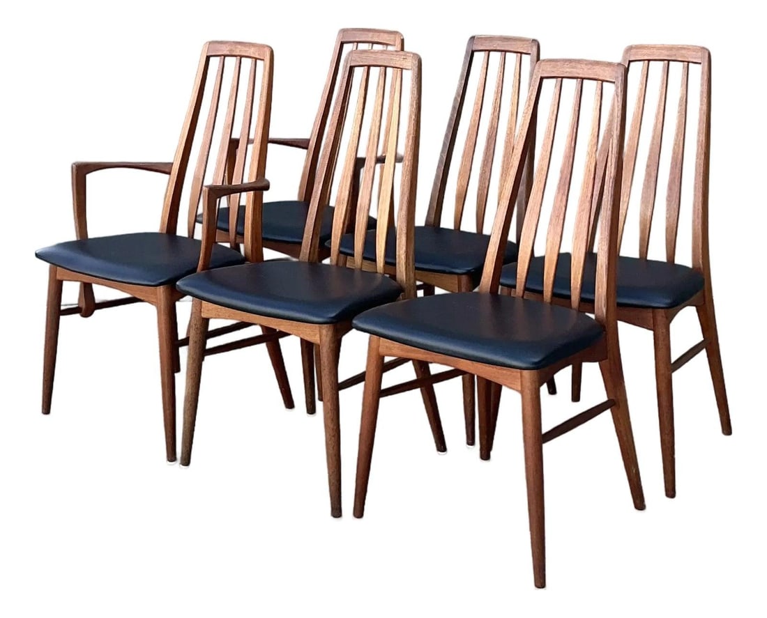 Set of 6 Eva Teak Dining Chairs by Niels Koefoed Danish Modern: Set of 6 Eva Teak Dining Chairs by Niels Koefoed Danish Modern This set of six "Eva" dining chairs, designed by Niels Koefoed in 1964 for Koefoed Hornslet, exemplifies Danish Modern style with elegant