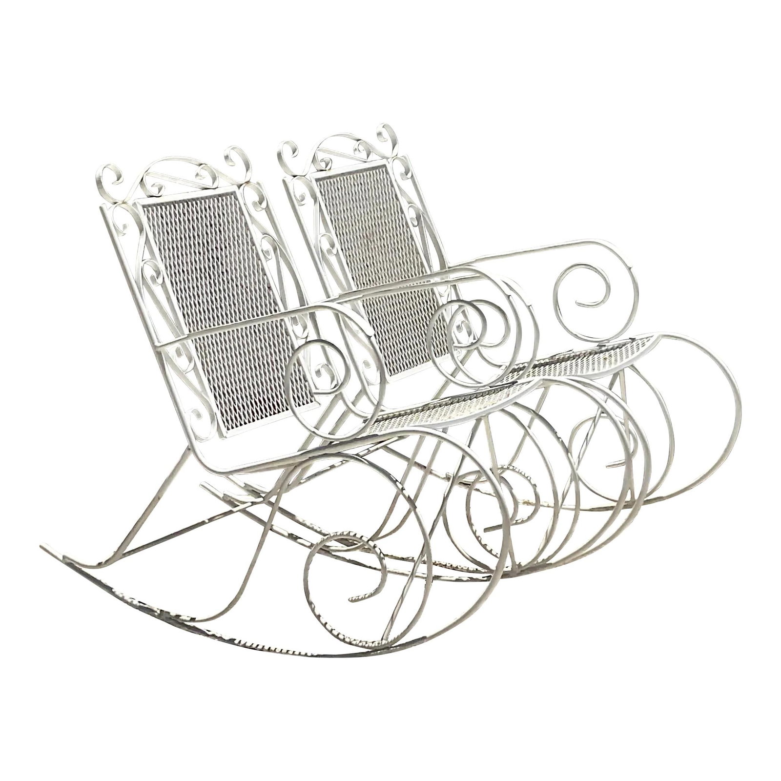 Vintage Mid-Century Modern White Wrought Iron Rockers - Pair: Vintage Mid-Century Modern White Wrought Iron Rockers - Pair Enhance your outdoor relaxation with this pair of Vintage Mid-Century Modern Wrought Iron Rockers. These American-style rockers combine tim