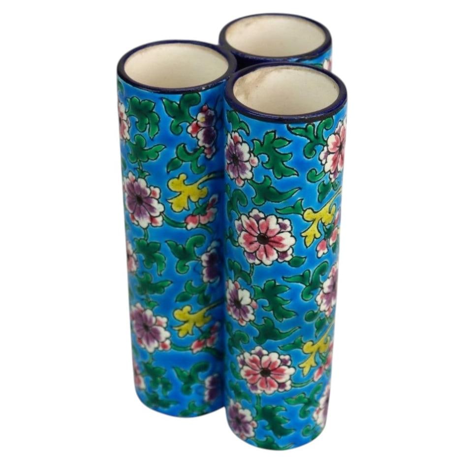 Signed Longwy French ceramic triple bud vase floral enamel c1900 (1 of 10)