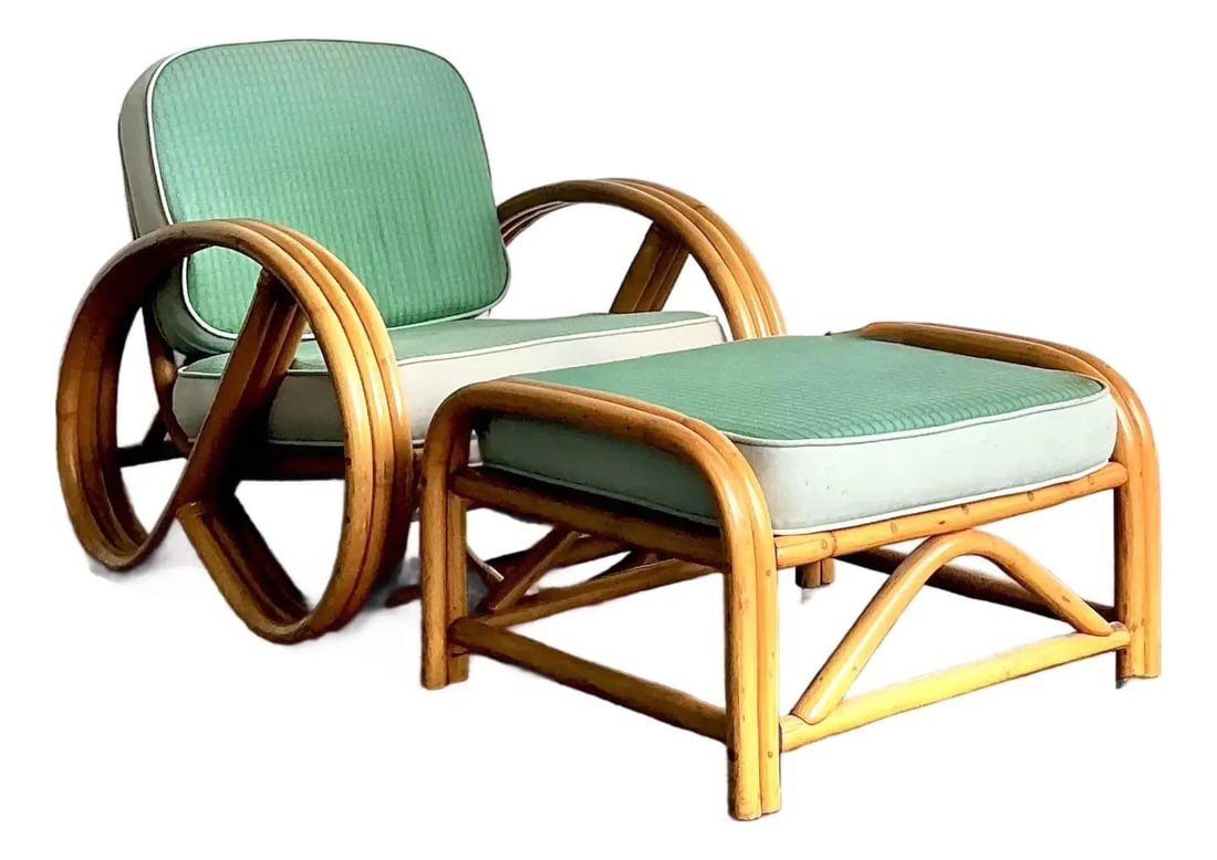 Set of Two 1950s Rattan Lounge Chairs With Ottoman by Beverly Hills Rattan: Set of Two 1950s Rattan Lounge Chairs With Ottoman by Beverly Hills Rattan This vintage set from the esteemed Beverly Hills Rattan company exemplifies 1950s tropical modernism, inspired by the celebra