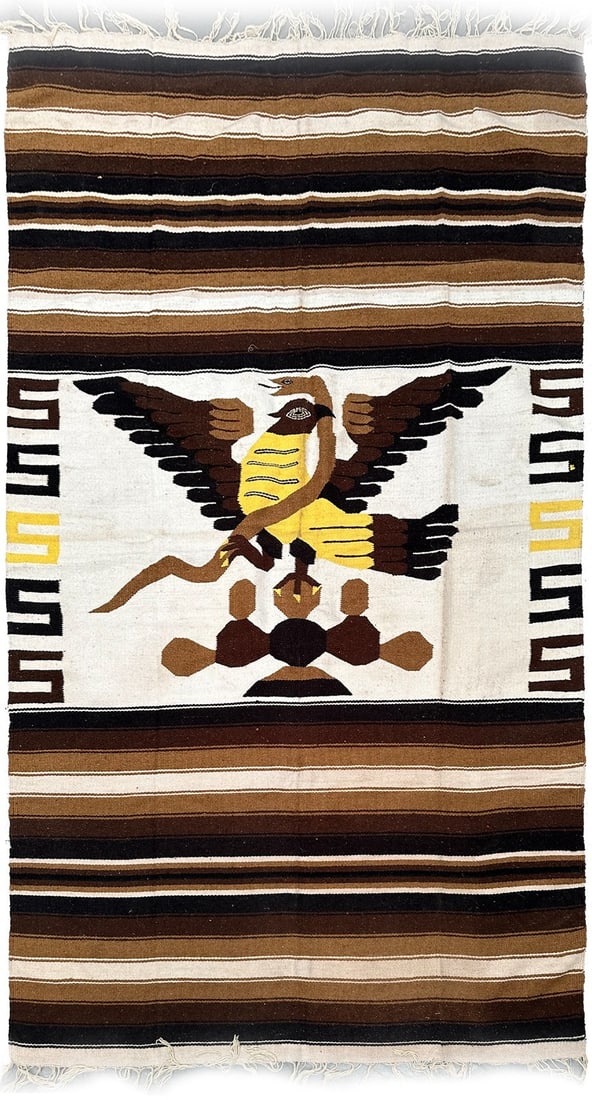 Wool Navajo Style Bird Motif Tapestry 4x7 Vintage: Wool Navajo Style Bird Motif Tapestry 4x7 Vintage This vintage handwoven area rug features a striking Navajo style with a central bird motif, framed by layered earth-tone stripes. Made from 100% wool,