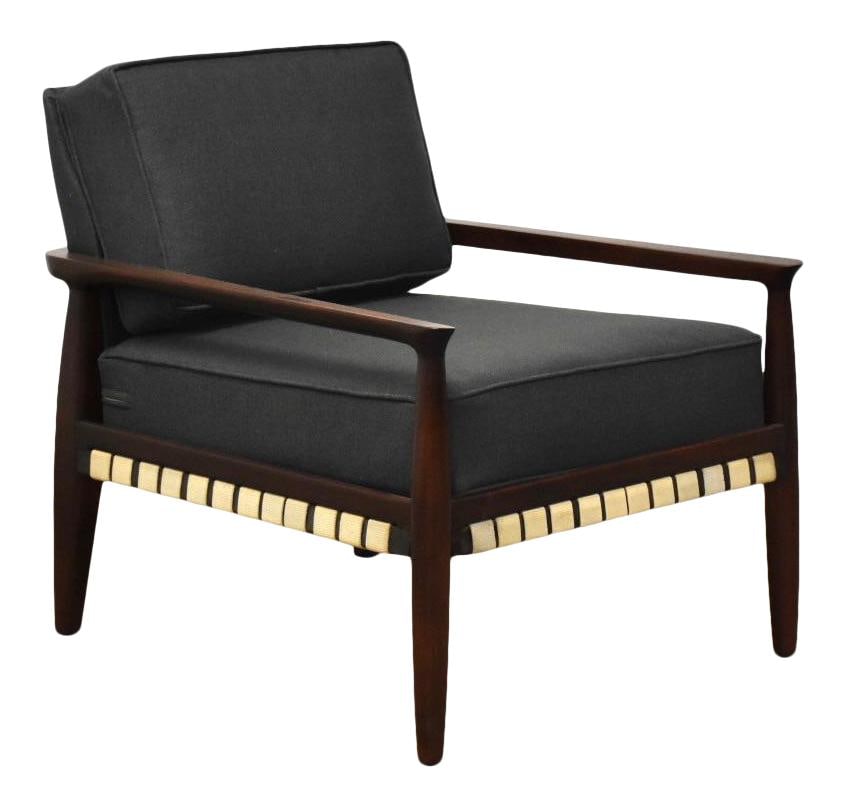 Solid Mahogany Mid Century Modern Lounge Chair Charcoal Upholstery: Solid Mahogany Mid Century Modern Lounge Chair Charcoal Upholstery This stunning mid-century modern lounge chair showcases a solid mahogany construction with an elegant design featuring exposed straps