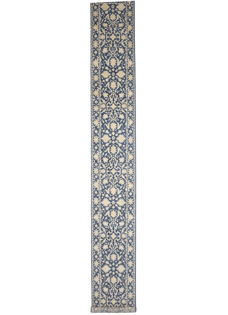Hand-Knotted Wool Runner Rug 2'6 x 20' Floral Pattern in Muted Blue: Hand-Knotted Wool Runner Rug 2'6 x 20' Floral Pattern in Muted Blue This hand-knotted Oriental runner rug features a muted blue floral pattern with cream and beige accents. Made from wool, it has a me
