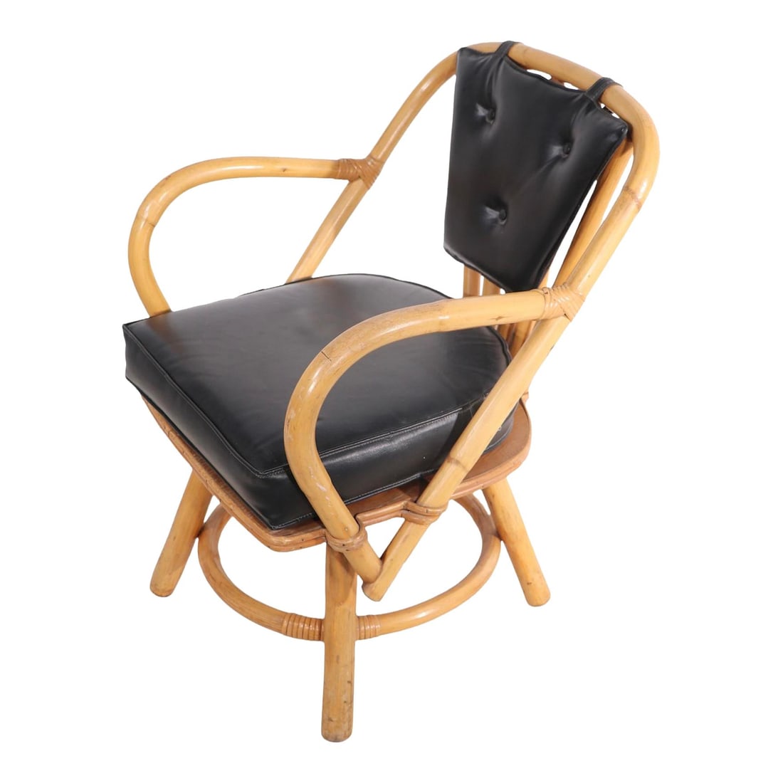 Mid Century Bamboo Swivel Lounge Chair by Henry Olko: Mid Century Bamboo Swivel Lounge Chair by Henry Olko This chic swivel lounge chair features a stylish bamboo frame complemented by black vinyl seat and back cushions. Attributed to designer Henry Olko