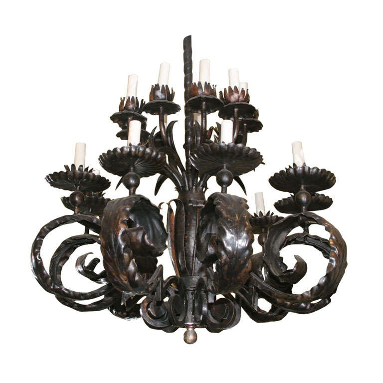 Patinated Bronze 18-Light Chandelier with Arts and Crafts Motif: Patinated Bronze 18-Light Chandelier with Arts and Crafts Motif This large Arts and Crafts style chandelier features 18 lights and is crafted from patinated bronze. The design showcases acanthus leaf-