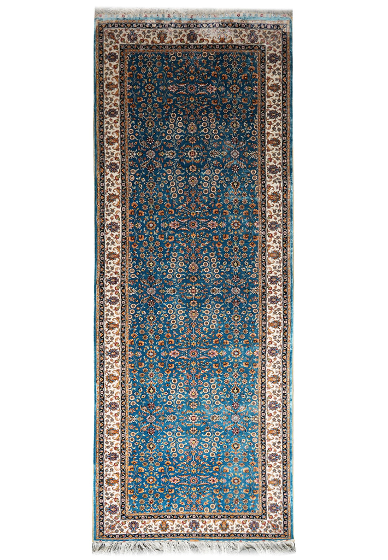 Hand-Knotted Silk Runner 3 x 10 Feet Intricate Allover Design: Hand-Knotted Silk Runner 3 x 10 Feet Intricate Allover Design Free continental US Shipping This hand-knotted silk runner features an intricate allover design, showcasing floral, geometric, and ornamen