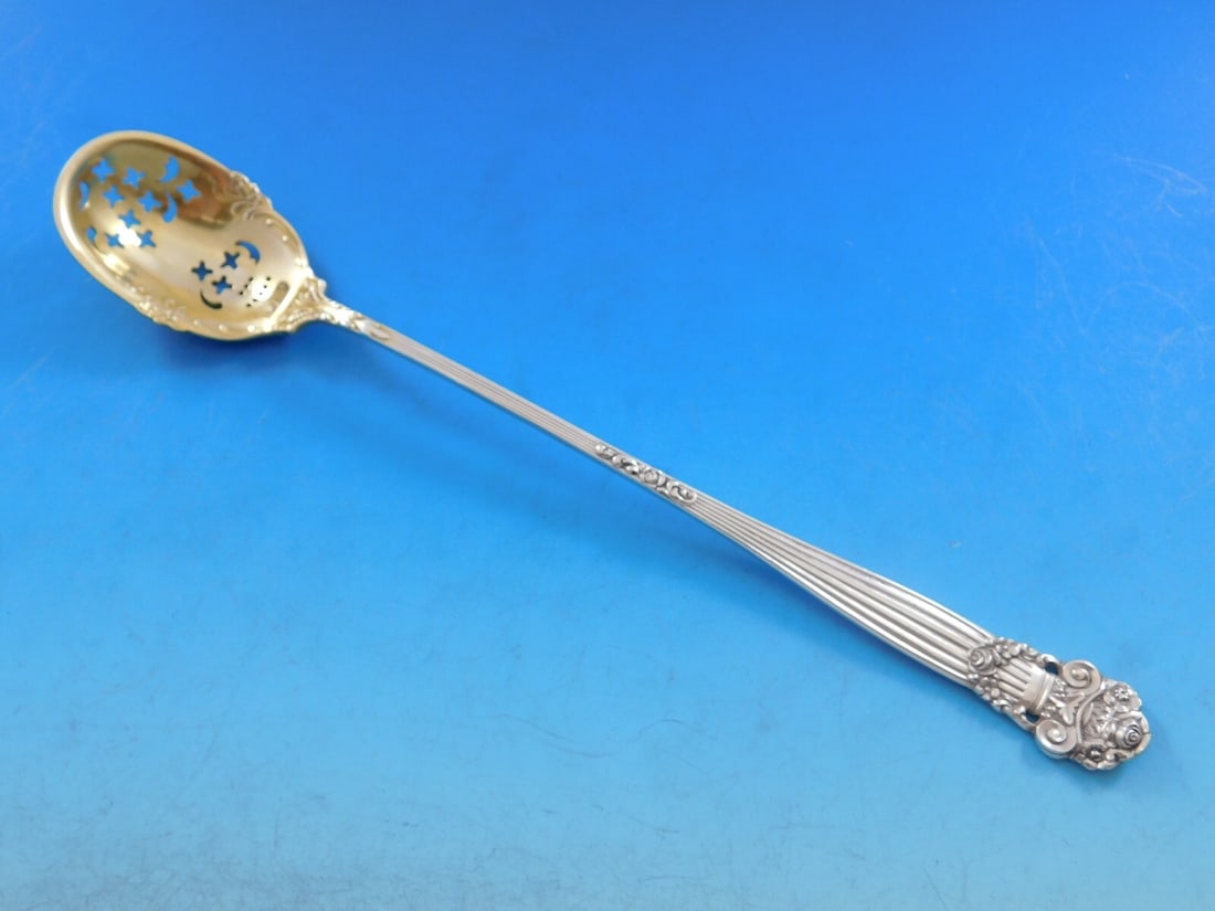 Towle Georgian Sterling Silver Olive Spoon Gold Washed 8 1/4: Towle Georgian Sterling Silver Olive Spoon Gold Washed 8 1/4 A Towle Georgian sterling silver olive spoon with a gold-washed finish and long form, measuring 8 1/4 inches. The piece is monogrammed, wit