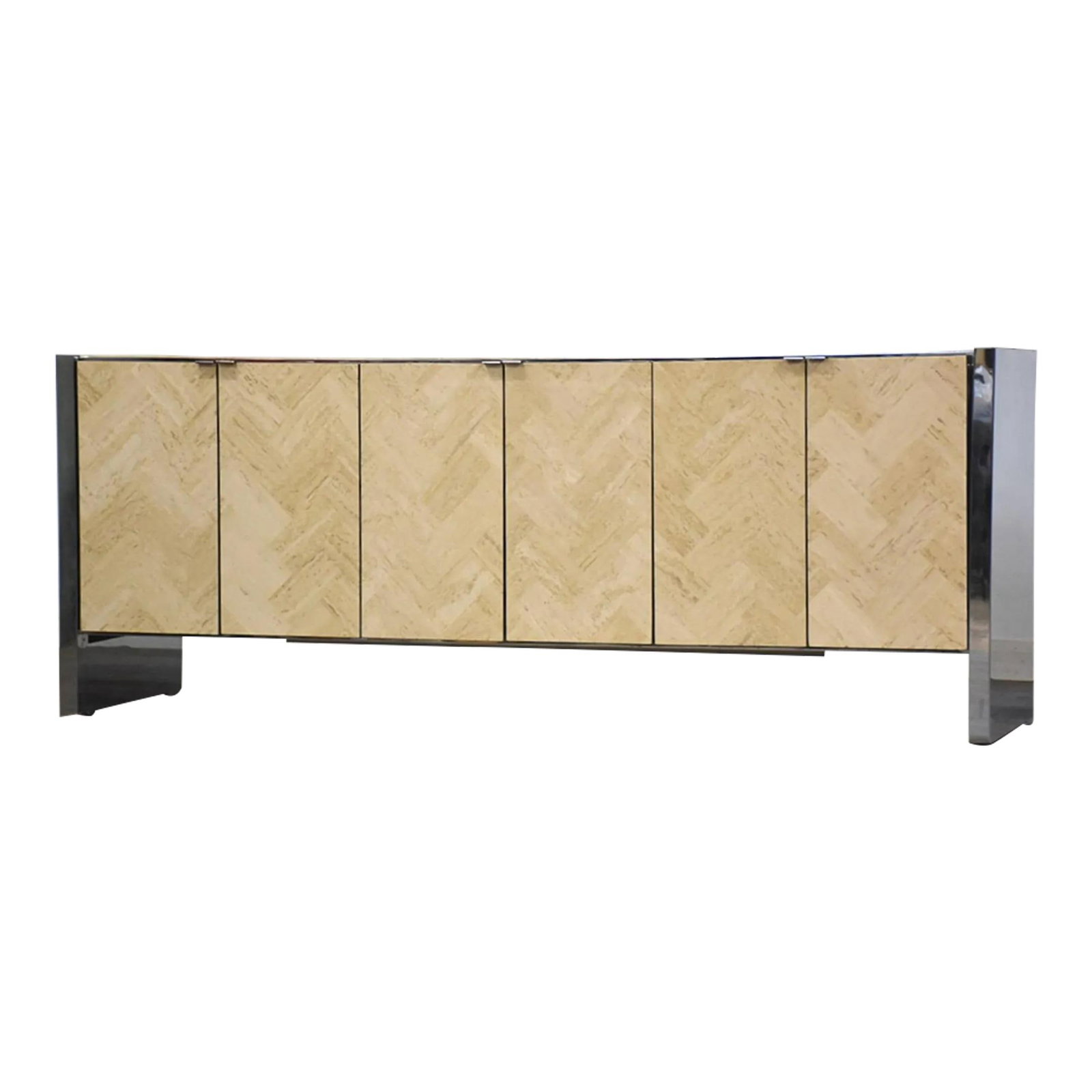 1960s Ello Modern Credenza Travertine Chrome Adjustable Shelves: 1960s Ello Modern Credenza Travertine Chrome Adjustable Shelves Elevate your space with this stunning 1960s Ello modern credenza, featuring a chic herringbone travertine design complemented by sleek c