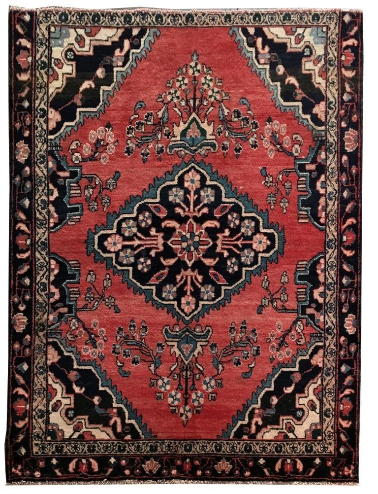 Hand-Knotted 4'11 x 6'3 Red Orange Persian Hamadan Rug: Hand-Knotted 4'11 x 6'3 Red Orange Persian Hamadan Rug Free continental US Shipping Introducing a stunning handcrafted Persian Hamadan rug, measuring 4' 11" x 6' 3" (59 in x 75 in). This exquisite pie