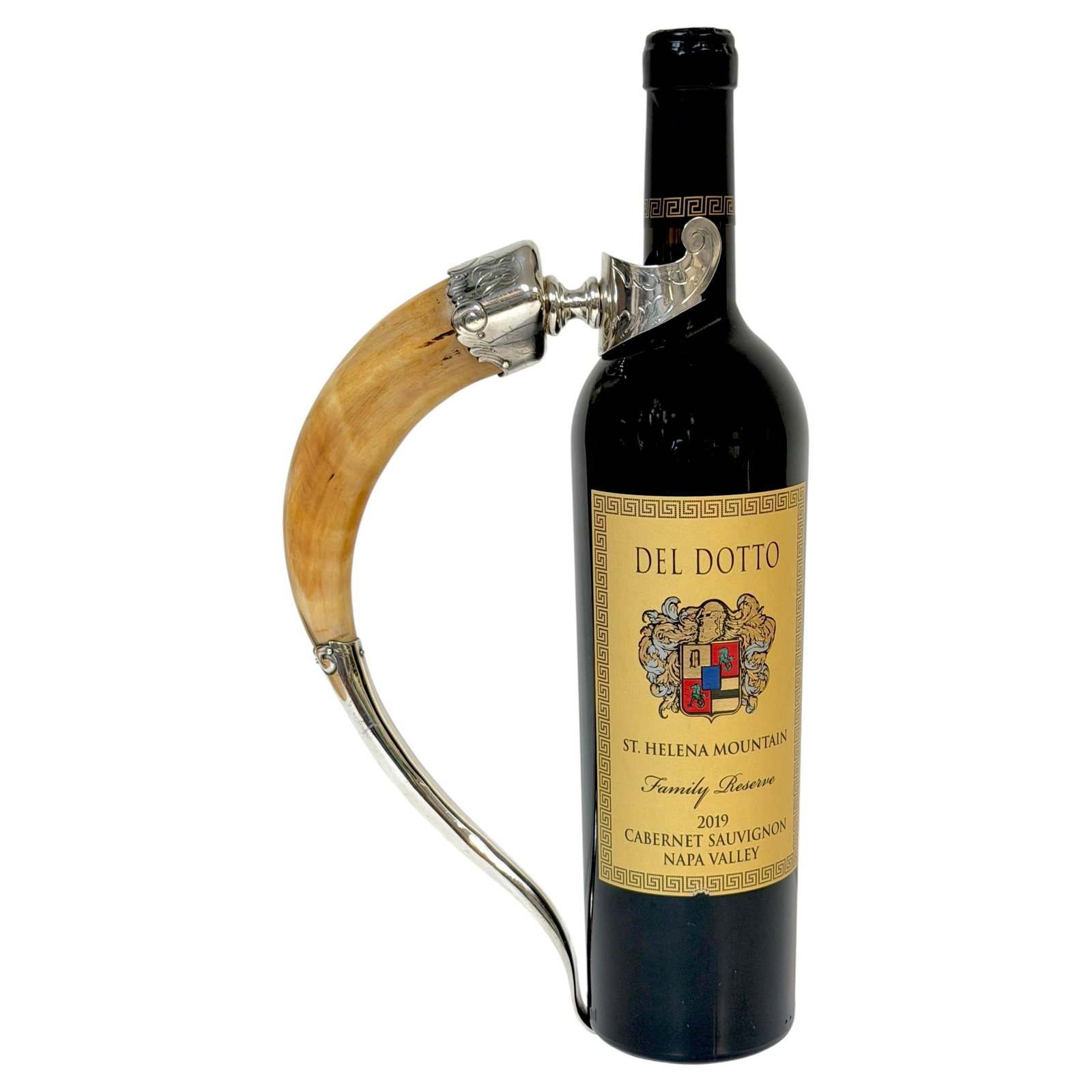 Redlich Co sterling silver stag antler wine bottle holder caddy: Redlich Co sterling silver stag antler wine bottle holder caddy Rare Victorian wine bottle caddy by Redlich & Co., crafted in sterling silver with a stag antler handle. This American example features 
