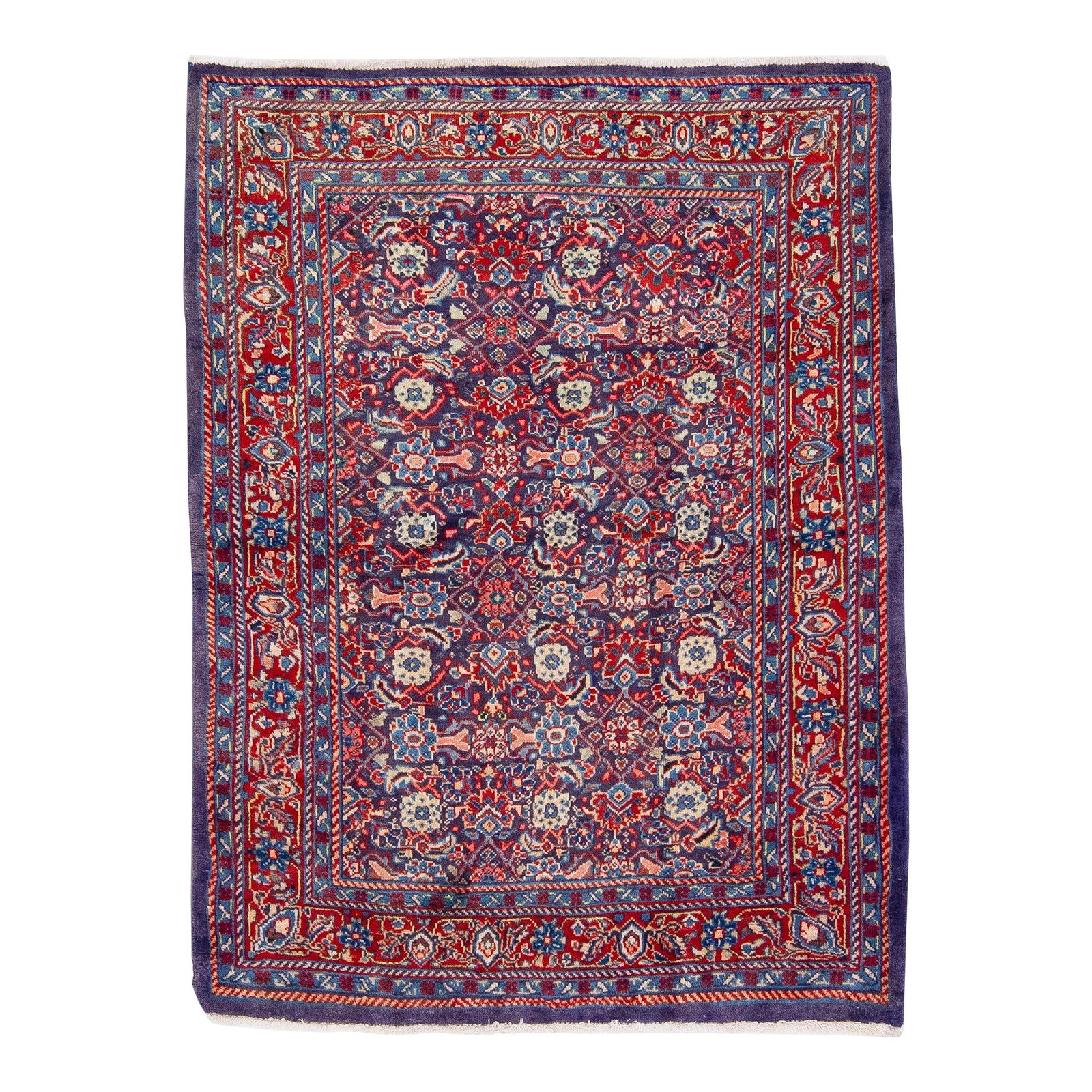 Vintage Handmade Persian Hamadan Wool Rug Blue Red Medallion 3'10 x 5'10: Vintage Handmade Persian Hamadan Wool Rug Blue Red Medallion 3'10 x 5'10 Discover the charm of this stunning vintage Persian Hamadan handmade rug. Crafted with meticulous attention to detail, this all