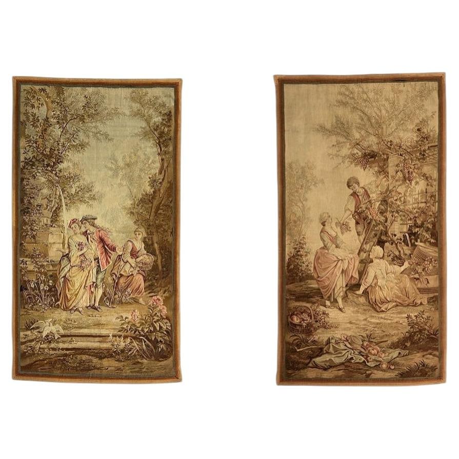 Set of 2 French Romantic Silk Tapestries 42 by 76 in: Set of 2 French Romantic Silk Tapestries 42 by 76 in Pair of 19th century French romantic tapestries featuring Watteau scenes. This set of two silk tapestries dates to the 1860s and includes later add