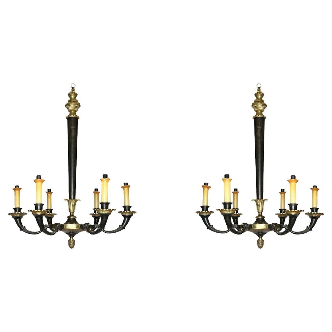 Set of 2 French Empire Style Gilt and Patinated Bronze Chandeliers: Set of 2 French Empire Style Gilt and Patinated Bronze Chandeliers This set includes two Petite Empire style chandeliers crafted in France during the early 20th century. Each chandelier features a com