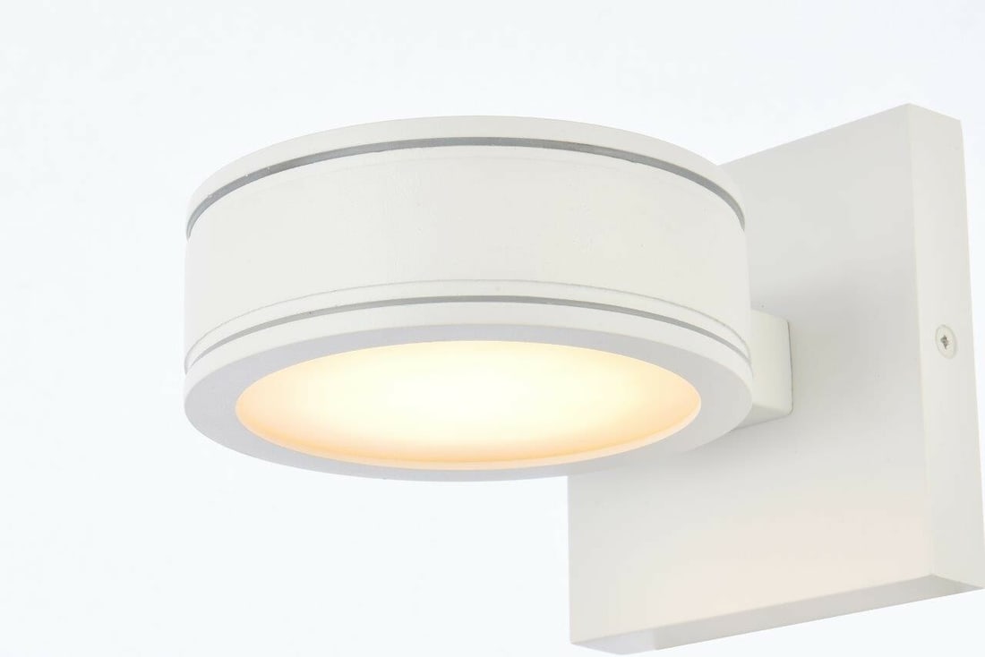 Living District Raine White LED Outdoor Wall Sconce: Living District Raine White LED Outdoor Wall Sconce This modern outdoor wall sconce features an integrated 8W LED bulb that provides a warm white 3000K light with a brightness of 230 lumens. Designed 