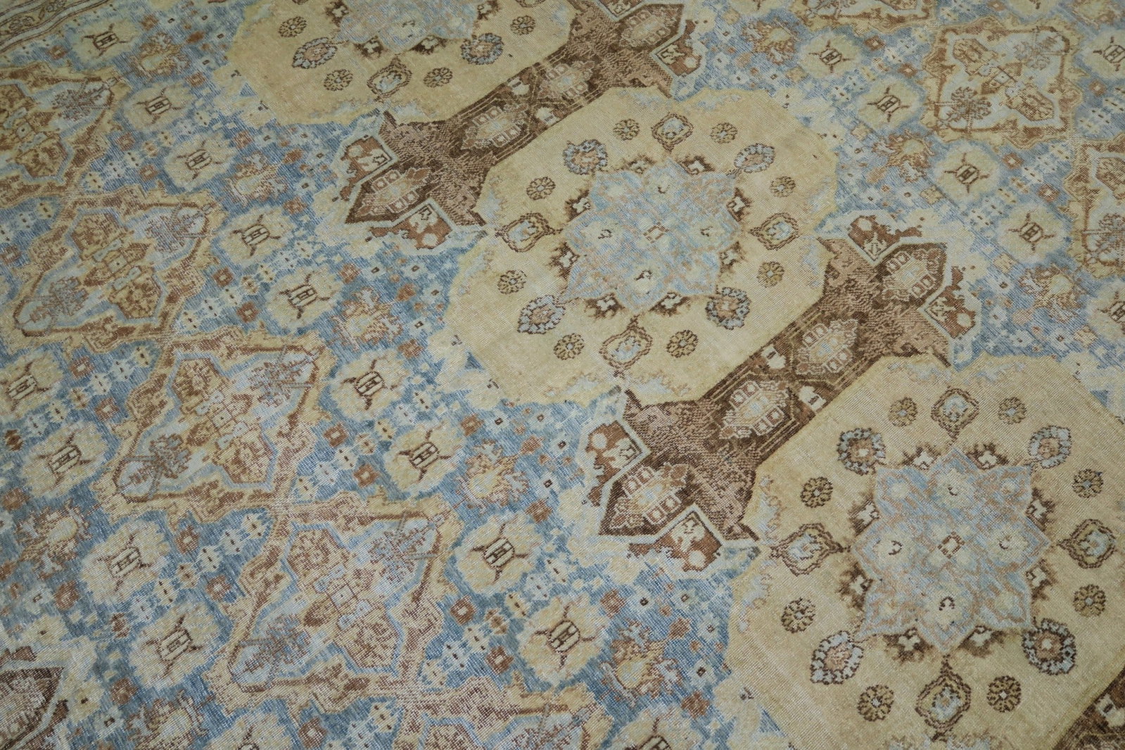 8' 10" x 11' 1" Malayer Persian room rug sky blue field: 8' 10" x 11' 1" Malayer Persian room rug sky blue field Vintage Persian room-size rug featuring a sky blue field with brown and soft yellow accents. This pre-owned Malayer rug dates to the middle of t