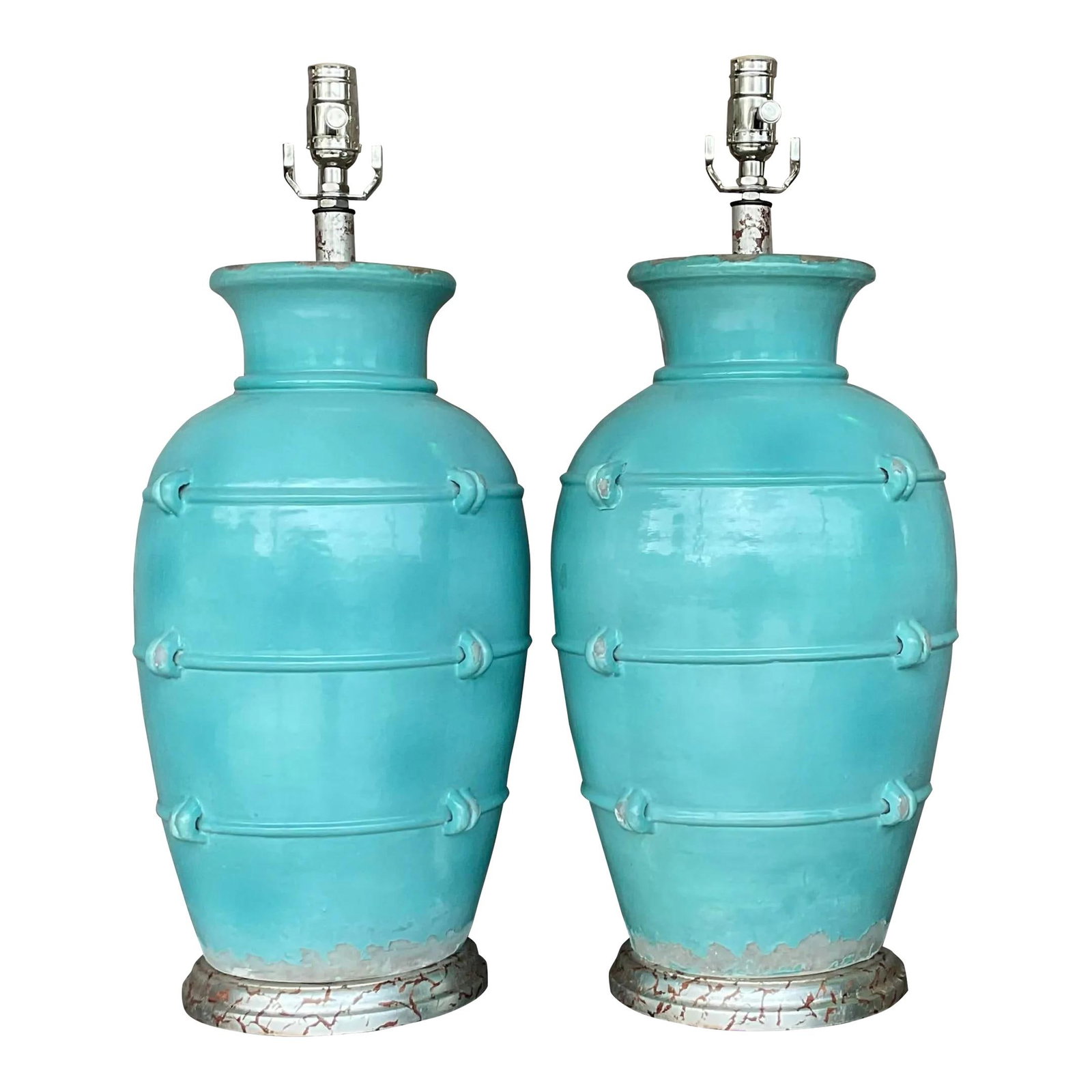 Pair of Vintage Boho Cerulean Glazed Ceramic Table Lamps: Pair of Vintage Boho Cerulean Glazed Ceramic Table Lamps Enhance your living space with this pair of Vintage Boho Glazed Ceramic Table Lamps. These exquisite lamps showcase beautifully glazed ceramic 