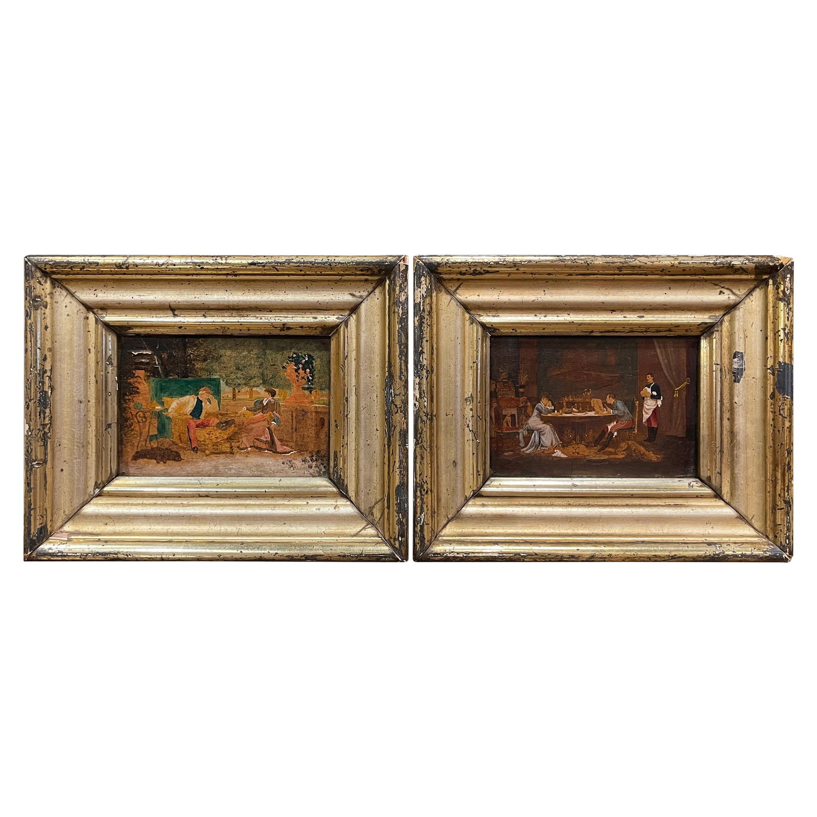 Set of Two French Genre Oil Paintings c1870 in Ornate Giltwood Frames: Set of Two French Genre Oil Paintings c1870 in Ornate Giltwood Frames This pair of mid-19th century French genre paintings, dated circa 1870, features intimate interior scenes rendered in oil on board