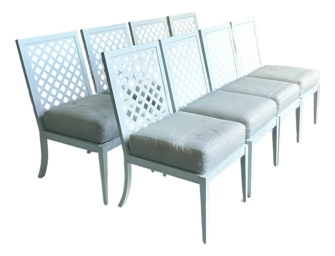 Set of 8 Trellis Back Vintage Dining Chairs in Cast Aluminum by McKinnon and Harris: Set of 8 Trellis Back Vintage Dining Chairs in Cast Aluminum by McKinnon and Harris This set of eight vintage dining chairs by McKinnon and Harris features robust cast aluminum frames finished in cris