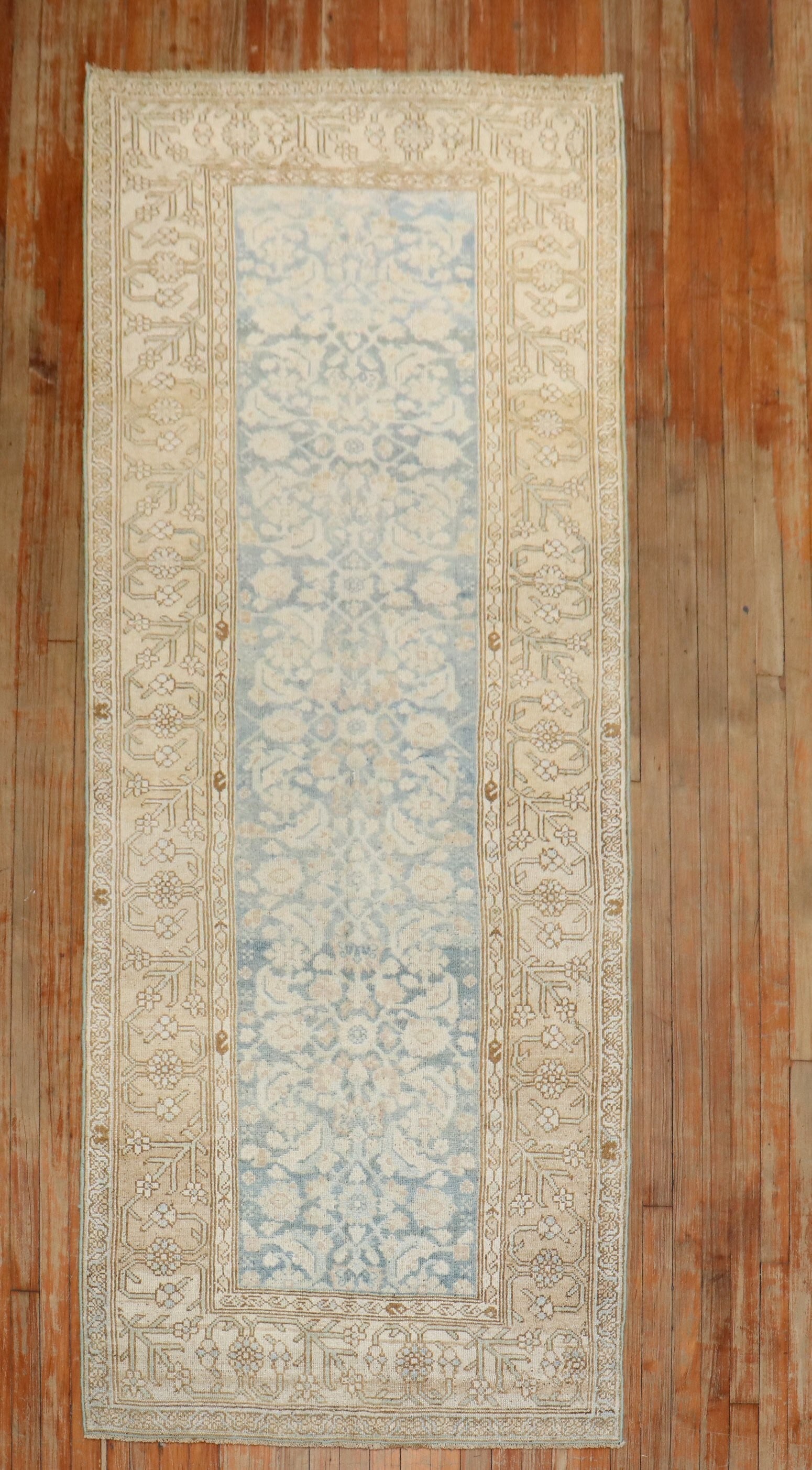 3' 6" x 9' 1" Persian Malayer Runner in Soft Blue and Khaki: 3' 6" x 9' 1" Persian Malayer Runner in Soft Blue and Khaki A 1920s Persian Malayer runner featuring soft blue and khaki tones. This pre-owned rug offers the distinctive look of a traditional Malayer 