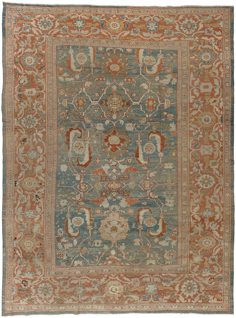 10' 5" x 13' 10" Antique Persian Mahal Sultanabad Room Rug: 10' 5" x 13' 10" Antique Persian Mahal Sultanabad Room Rug Antique Persian Sultanabad rug from the late 19th century in a gray-blue colorway. This pre-owned room-size rug is identified as a Sultanabad