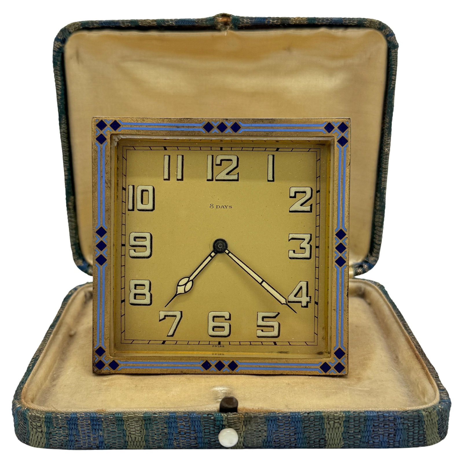 Swiss Art Deco 8-Day Desk Clock with Enamel Border c. 1930: Swiss Art Deco 8-Day Desk Clock with Enamel Border c. 1930 This exquisite Swiss Art Deco desk clock, dating from approximately 1930, features a refined small-format design with an 8-day movement. Hous