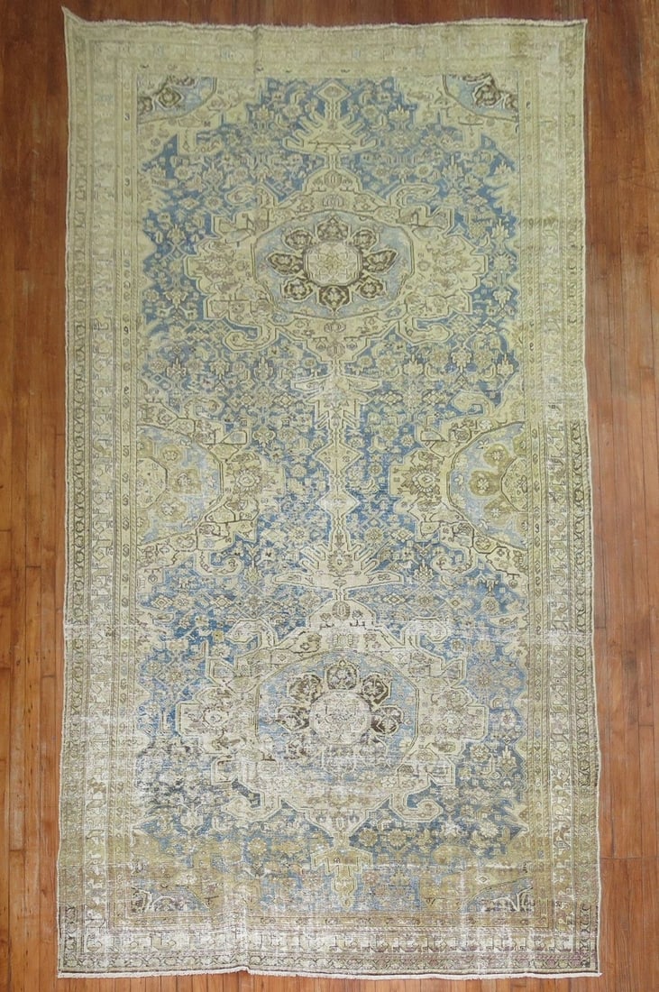 6' 10" x 12' 7" Antique Persian Malayer Rug Blue Ground: 6' 10" x 12' 7" Antique Persian Malayer Rug Blue Ground Antique Persian Malayer rug featuring two medallions on a blue ground, dating to the early 20th century. This pre-owned gallery-size rug is desc