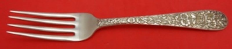 Kirk Repousse Sterling Silver Dinner Fork 6 1 2 Inch: Kirk Repousse Sterling Silver Dinner Fork 6 1 2 Inch This is a sterling silver regular fork in the Repousse pattern by Kirk. The fork measures 6 1/2 inches in length and features a 10.15 mark. It is m