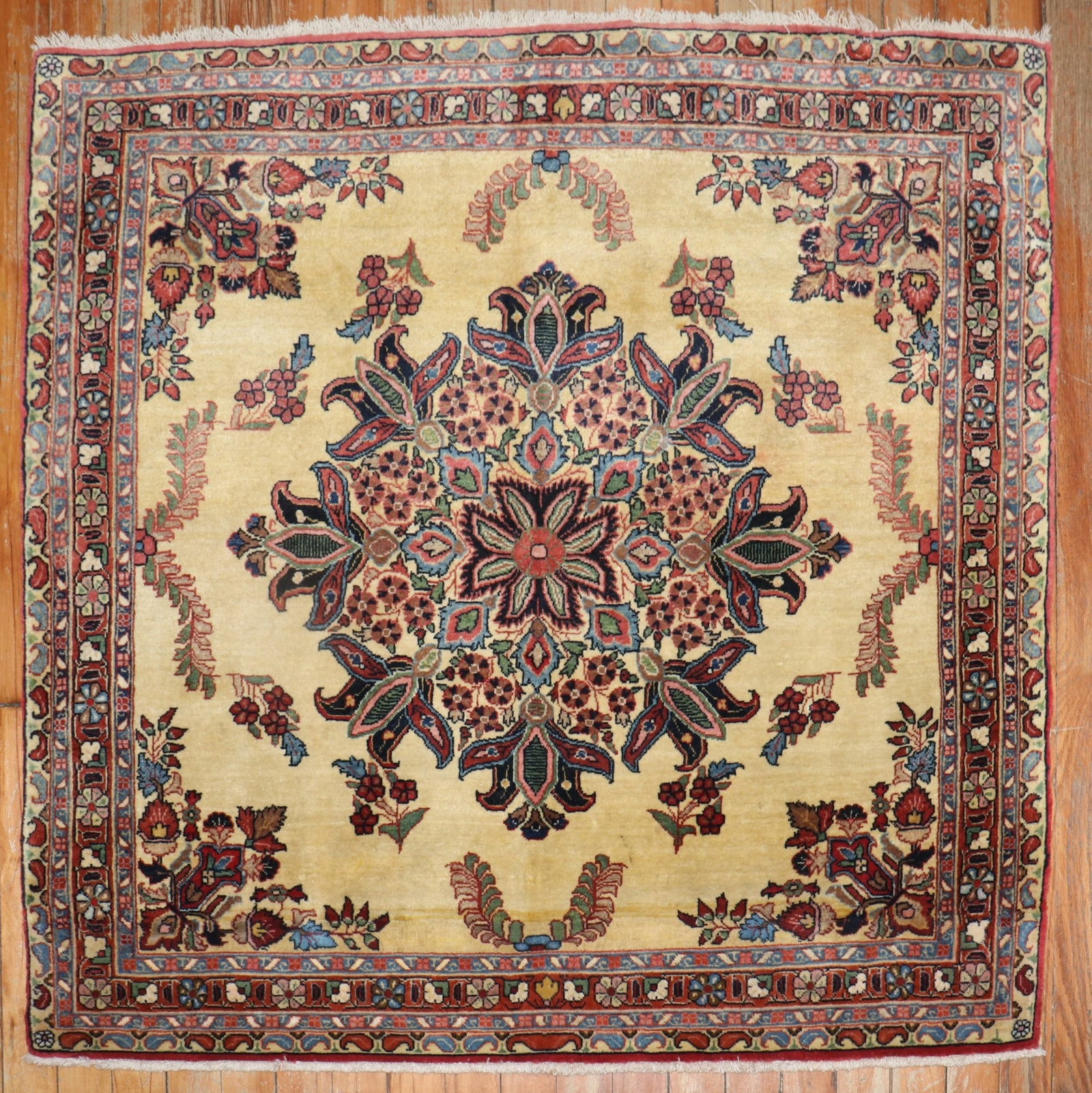 3' 6" x 3' 3" Antique Persian Sarouk Square Rug Yellow Ground: 3' 6" x 3' 3" Antique Persian Sarouk Square Rug Yellow Ground Antique Persian Sarouk foyer mat with a rare yellow ground and a square format. Special ordered in the early 1920s, this pre-owned rug fea