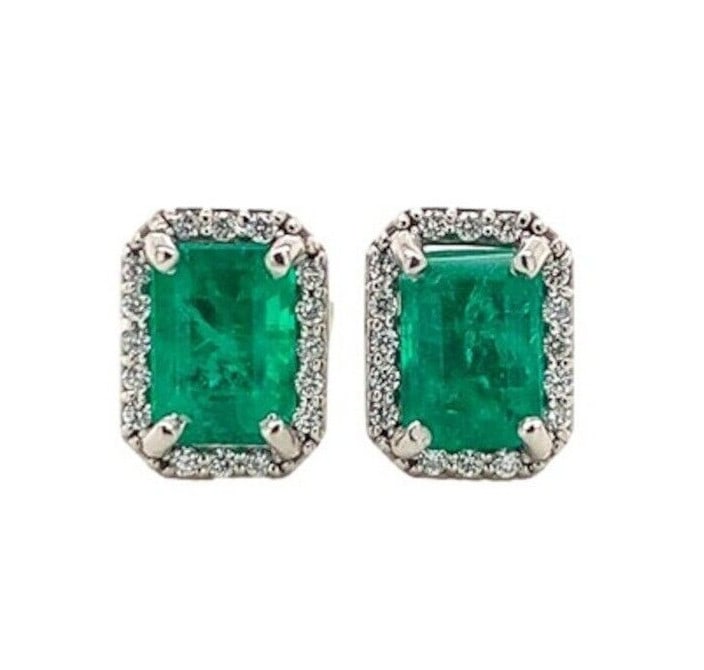 Platinum 1.28ct Emerald Diamond Halo Stud Earrings GIA Certified: Platinum 1.28ct Emerald Diamond Halo Stud Earrings GIA Certified Elevate your elegance with these stunning fine genuine natural emerald and diamond stud earrings crafted in platinum. Featuring a pair 