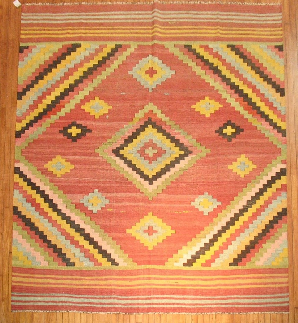 8' 8" x 10' Vintage Turkish Kilim Square Room Rug: 8' 8" x 10' Vintage Turkish Kilim Square Room Rug Vintage Turkish mid-20th century kilim in a square room-size format. This pre-owned flatweave rug offers the classic look of a Turkish kilim and is su