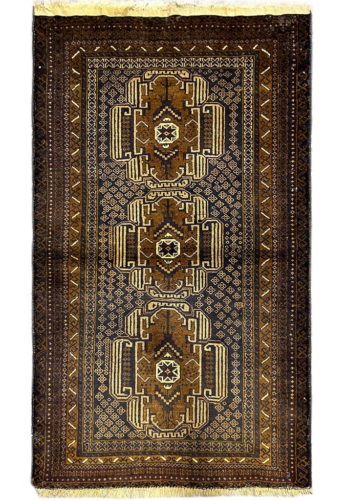 Hand-Knotted Baluch Wool Rug 3'10 x 6'7 Tribal Geometric Pakistan: Hand-Knotted Baluch Wool Rug 3'10 x 6'7 Tribal Geometric Pakistan Free continental US Shipping Enhance your living space with this exquisite 3' 10" x 6' 7" Baluch rug, a stunning blend of traditional 