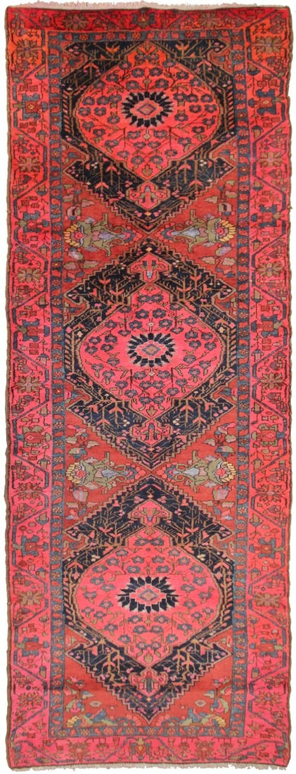 Hand Knotted Wool Serapi Tribal Runner 4x13 Pink 135cm x 406cm: Hand Knotted Wool Serapi Tribal Runner 4x13 Pink 135cm x 406cm This rare vintage Persian Serapi runner features a striking geometric Malayer design in shades of pink, ivory, blue, navy, gray, light bl