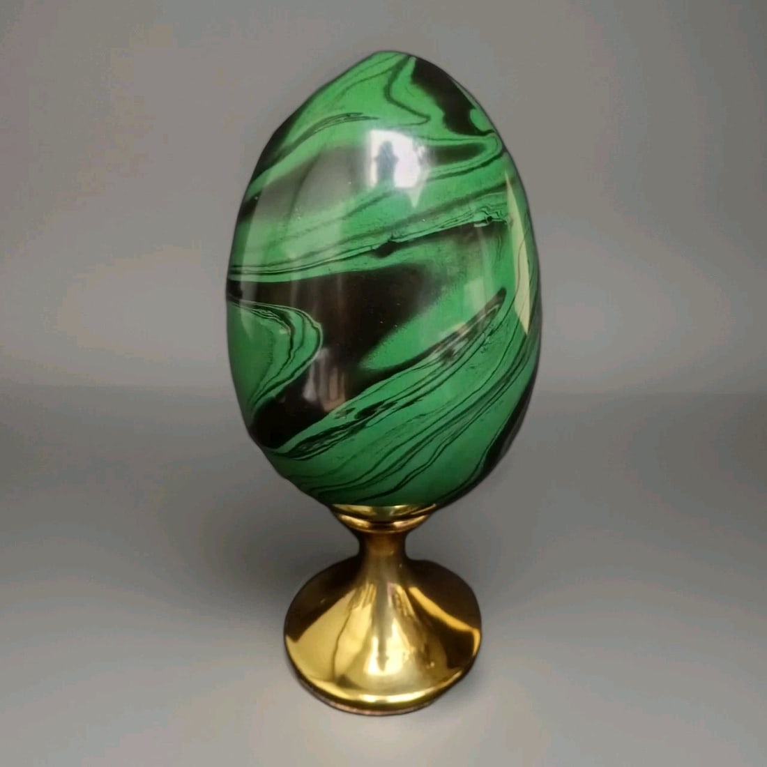12 Inch MCM Faux Malachite Glass Egg Sculpture on Brass Stand (1 of 14)