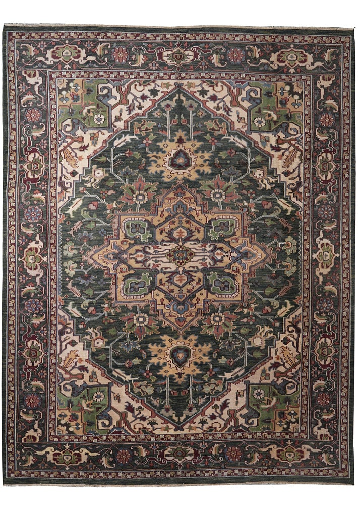 Handmade Serapi Heriz Rug 129 x 169 in Forest Green Wool: Handmade Serapi Heriz Rug 129 x 169 in Forest Green Wool Free continental US Shipping This handmade Serapi Heriz area rug features a forest green background with intricate ivory, navy, and medallion d